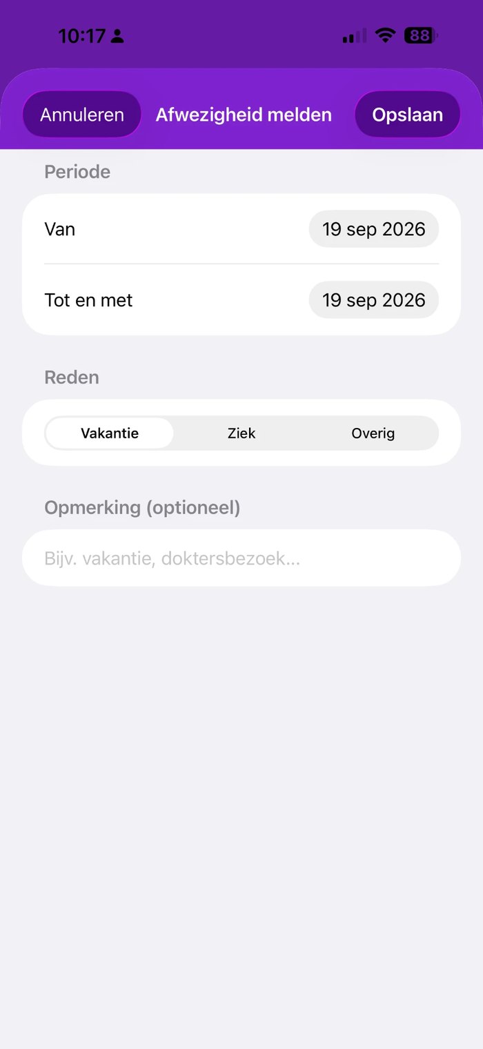 Afwezigheid melden in de chauffeursapp: periode, reden vakantie, ziek of overig, en een opmerking