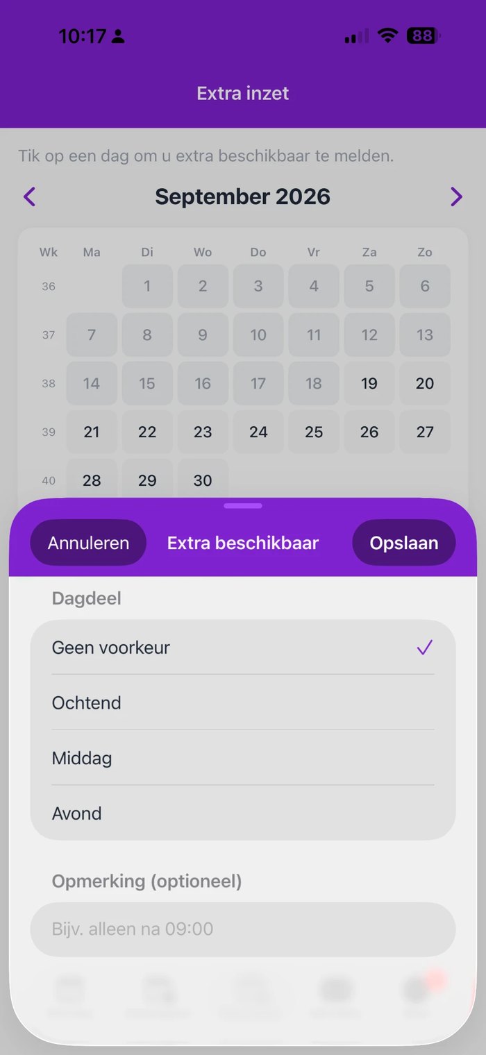Extra inzet in de chauffeursapp: een dag in de kalender kiezen en per dagdeel extra beschikbaar melden, met een opmerking