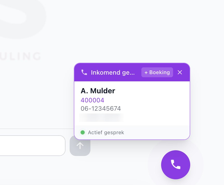 Bellerherkenning: de melding van een inkomend gesprek met de naam, het lidnummer en het telefoonnummer van de beller en een knop om meteen een boeking te maken