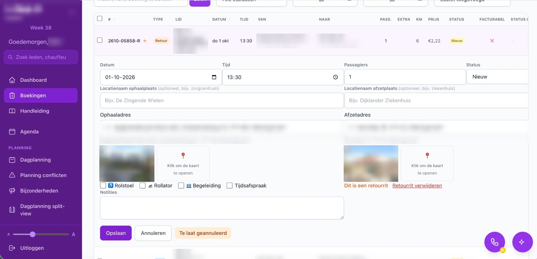 Een boeking wijzigen: datum, tijd, passagiers, ophaal- en afzetadres met Street View, rolstoel, rollator, begeleiding en te laat geannuleerd
