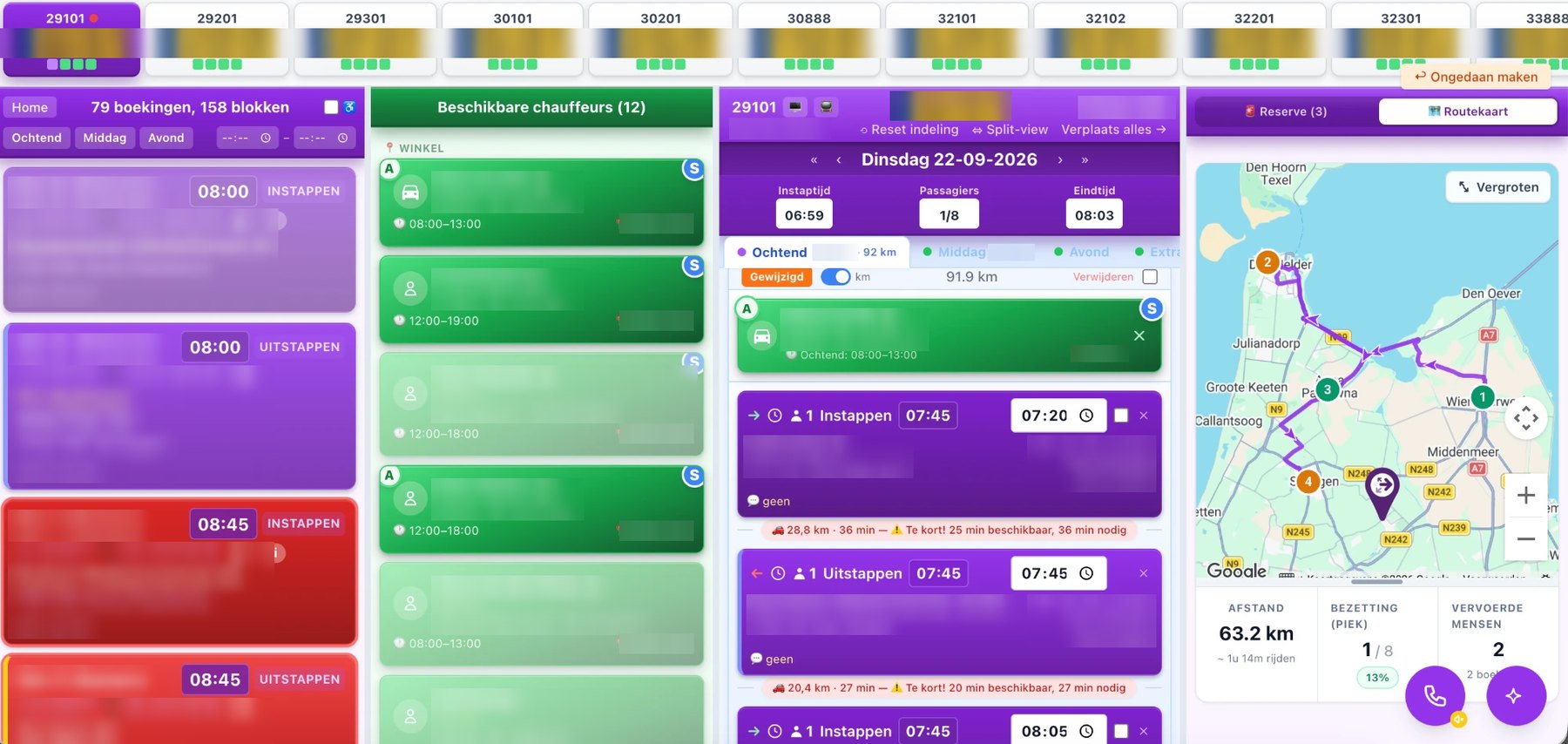 De dagplanning van VYS 2.0: per voertuig de ritten van de dag, beschikbare chauffeurs, de stops en de route op de kaart