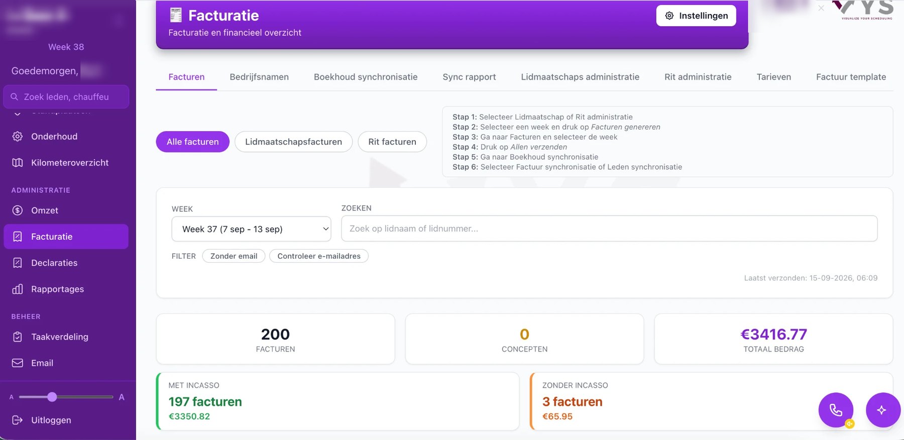 Facturatie: facturen per week, lidmaatschaps- en ritfacturen, het totaalbedrag en facturen met en zonder incasso