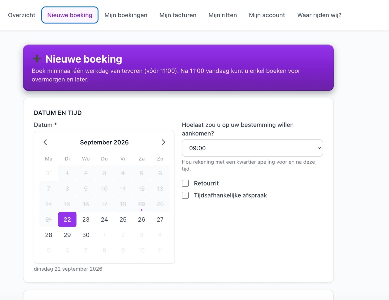 Een nieuwe boeking in het webportaal voor klanten en leden: datum kiezen in de kalender, aankomsttijd, retourrit en tijdsafhankelijke afspraak