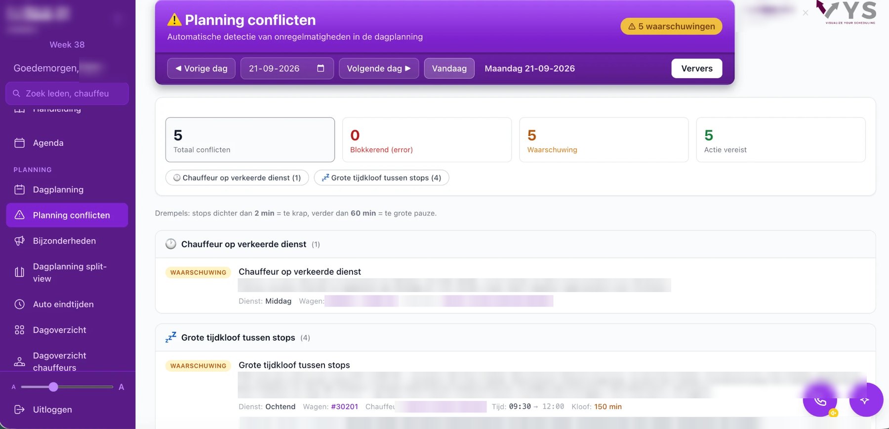 Planningsconflicten: automatische detectie van onregelmatigheden in de dagplanning, zoals een chauffeur op de verkeerde dienst en een grote tijdkloof tussen stops