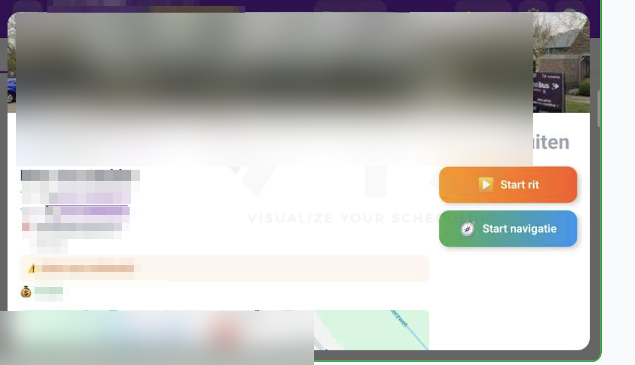Boardcomputer rit-detail met Start rit en Start navigatie