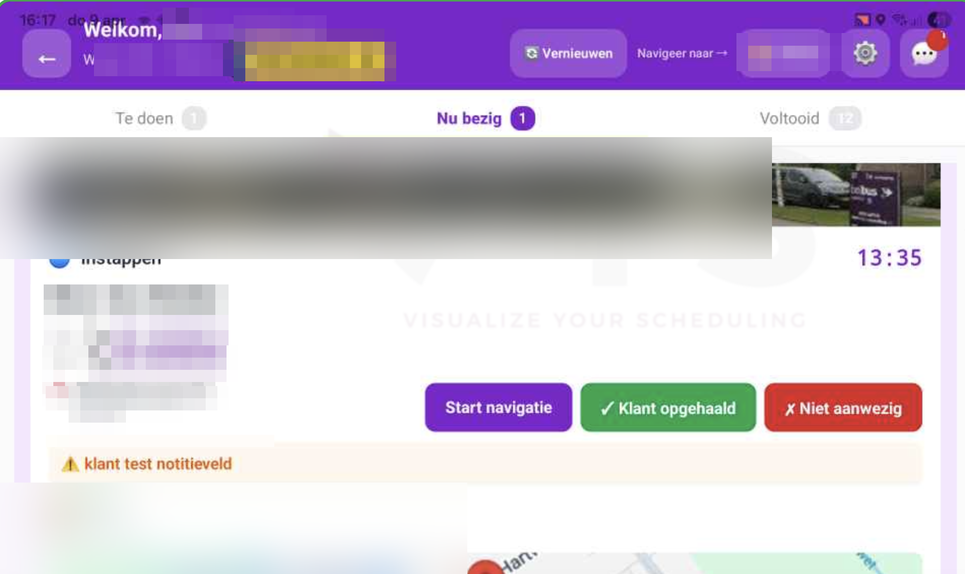 Boardcomputer rittenoverzicht met tabs Te doen / Nu bezig / Voltooid