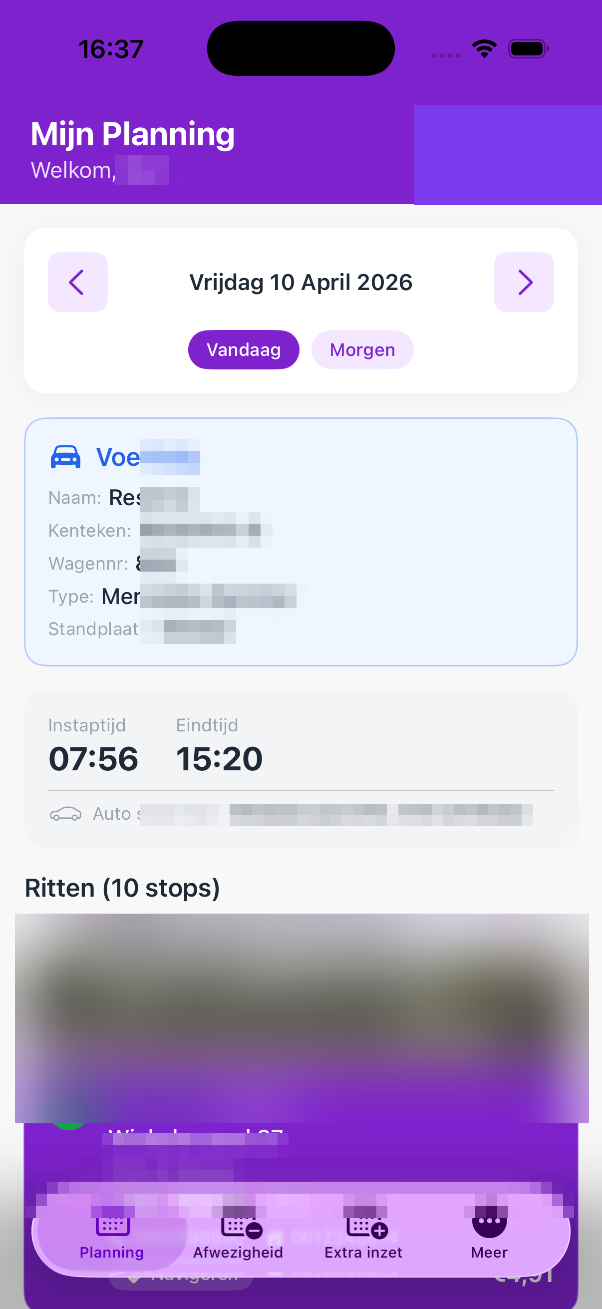 VYS Chauffeursapp op iPhone — planbord met voertuig en rittenlijst
