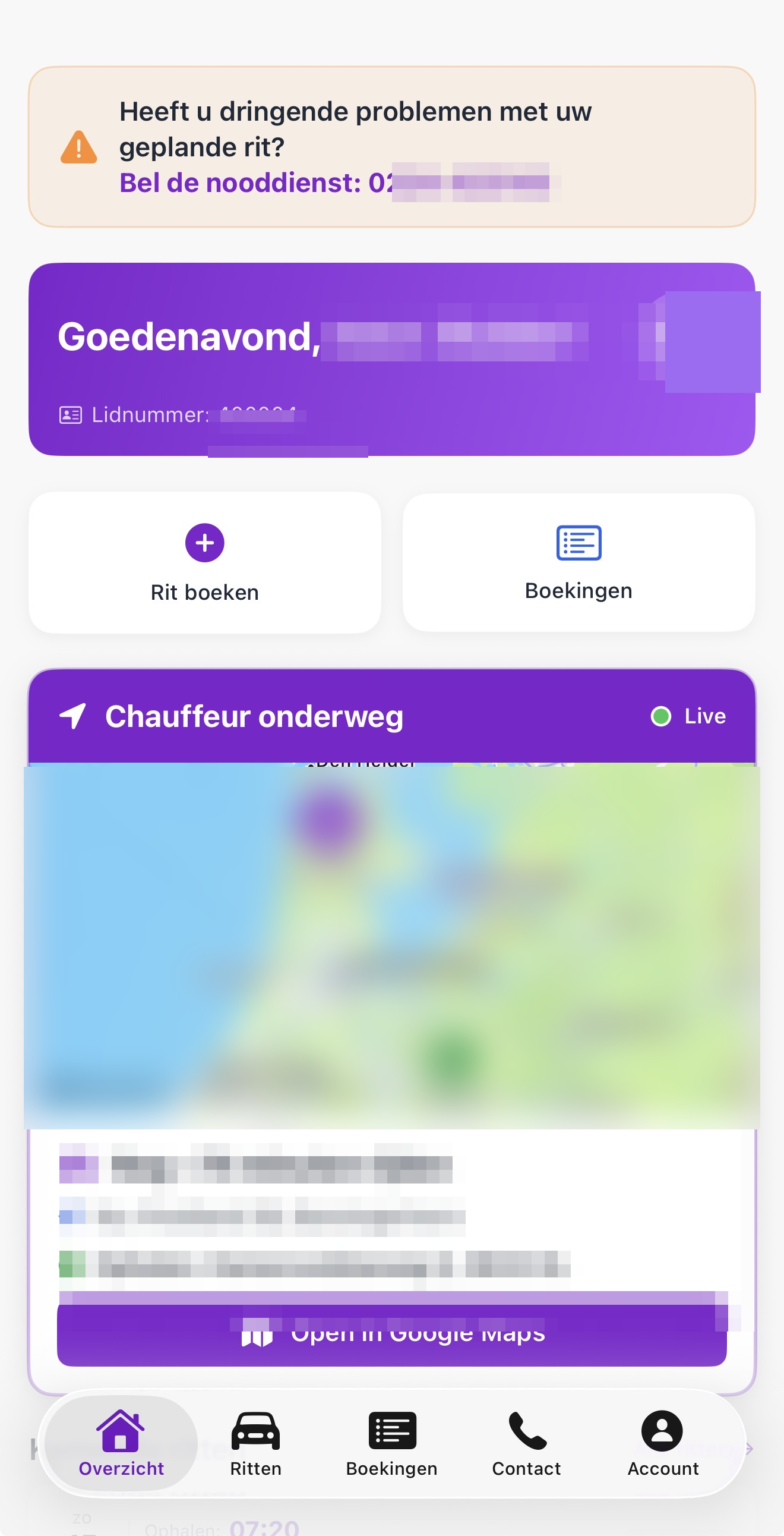 VYS Ledenapp op iPhone — live tracking van de chauffeur onderweg